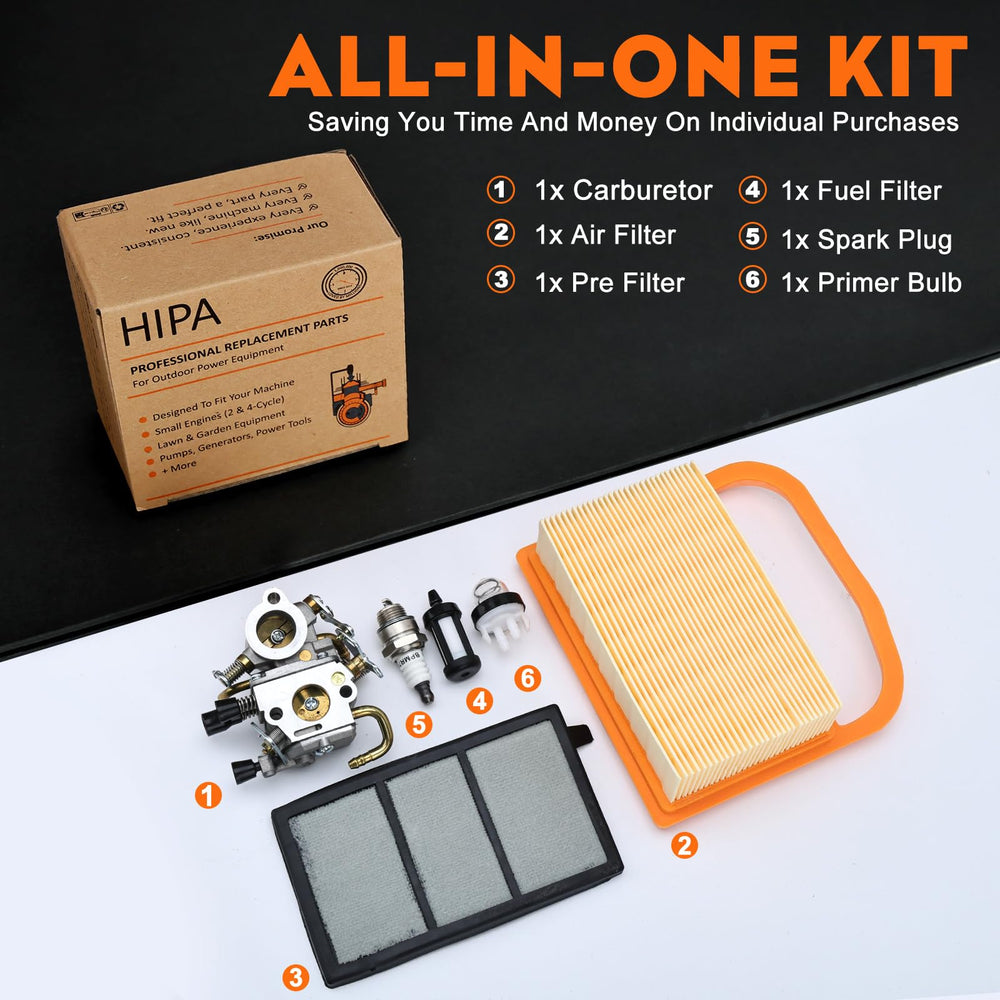 HIPA TS410/TS420 carburetor kit components laid out for easy inspection