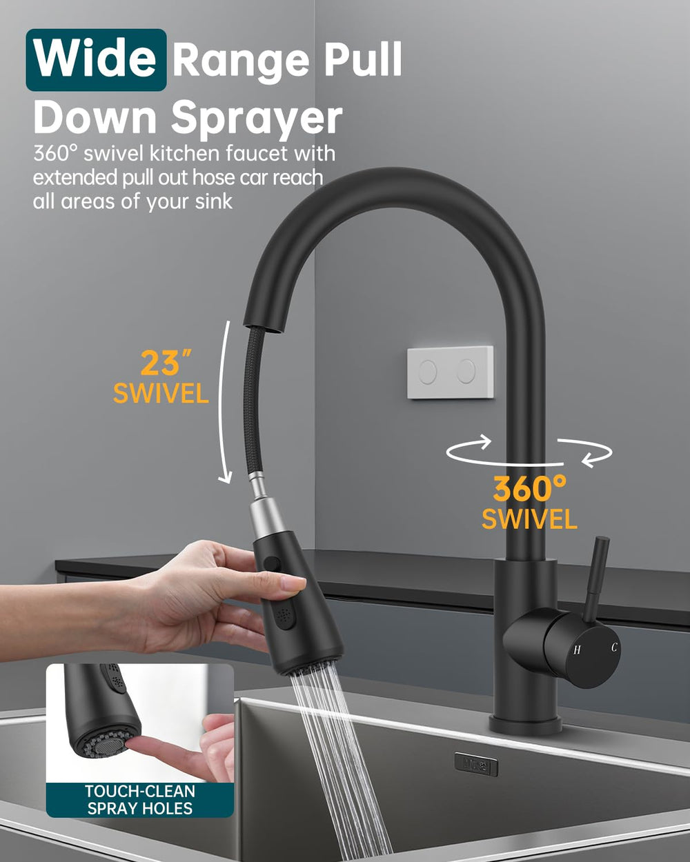 Hiqufet pull-down sprayer extends reach for easy cleaning of large pots and sinks.