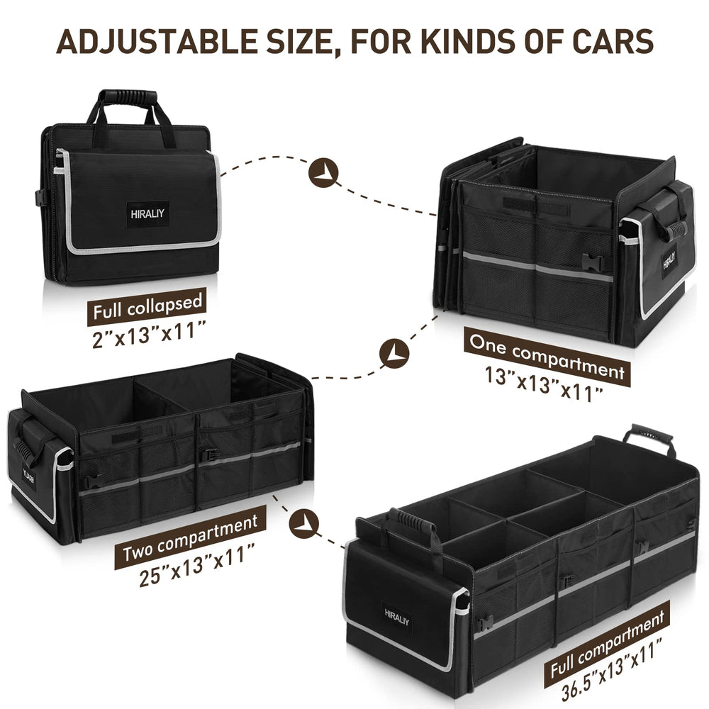 HIRALIY multi-compartment trunk organizer keeps items organized during trips.