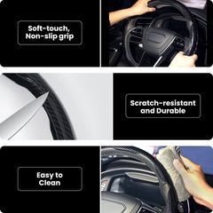 Hiseanllo carbon fiber steering wheel cover fits 14–16 inch wheels.