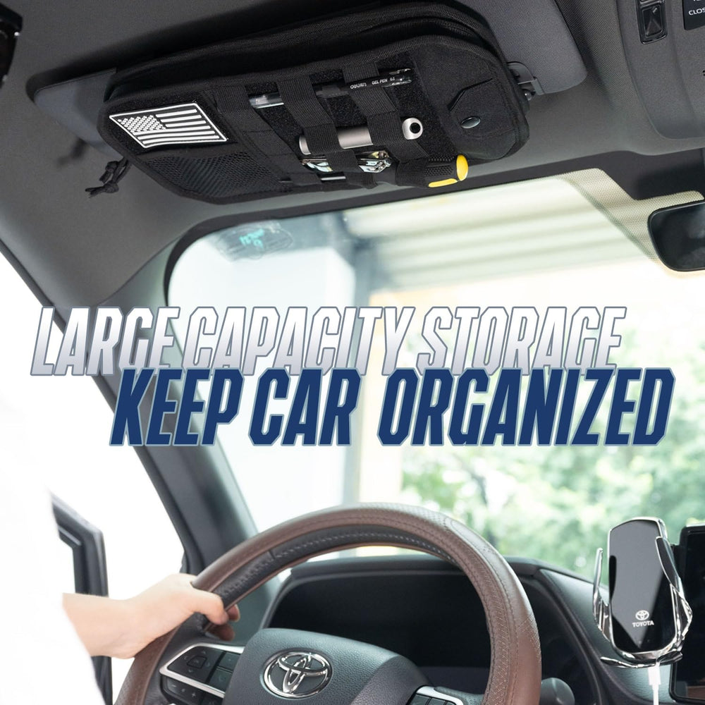 Hiseanllo visor organizer showing zipper pocket and elastic bands for secure items