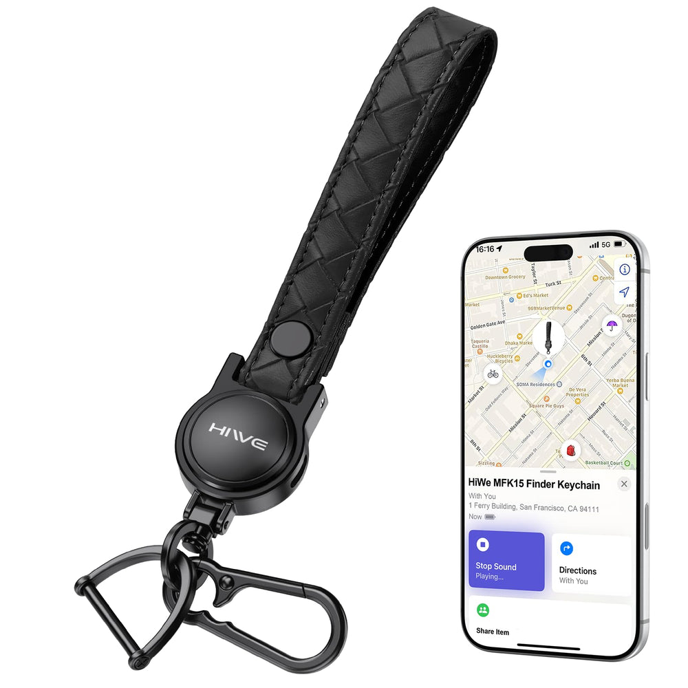 HiWe Anti-Lost Keychain black leather front view showing tracking capability