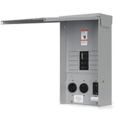 Hiweld RV panel front view shows 20/30/50A outlets for temporary power.