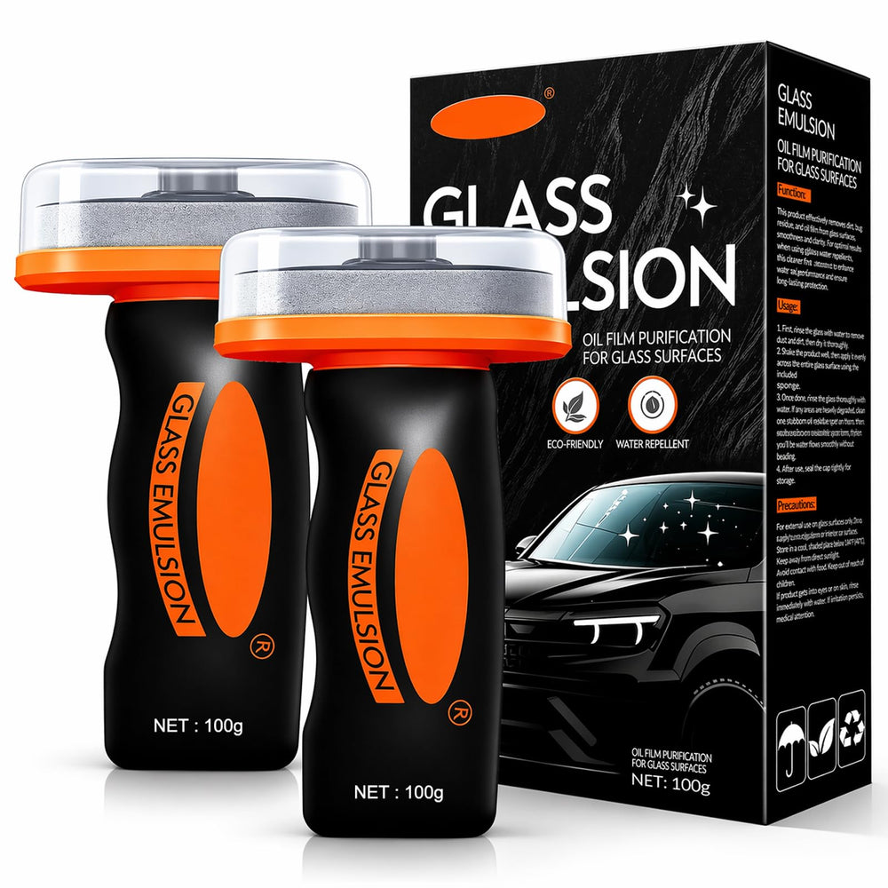 HLOBNI glass emulsion cleaner with roll-on brush for streak-free visibility.