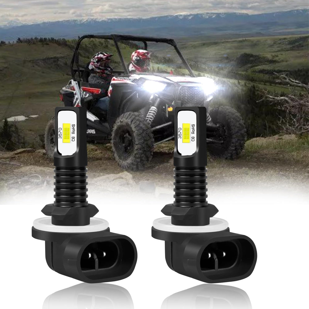 HMCYCI 881 LED headlight bulbs installed in a Polaris Ranger for bright, reliable night illumination.