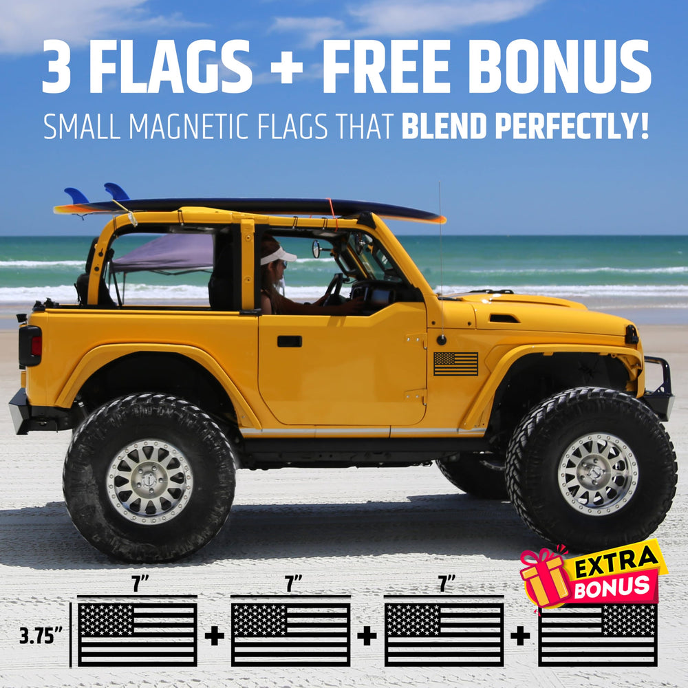 HMmagnets American flag magnet on car side demonstrating safe, residue-free attachment.