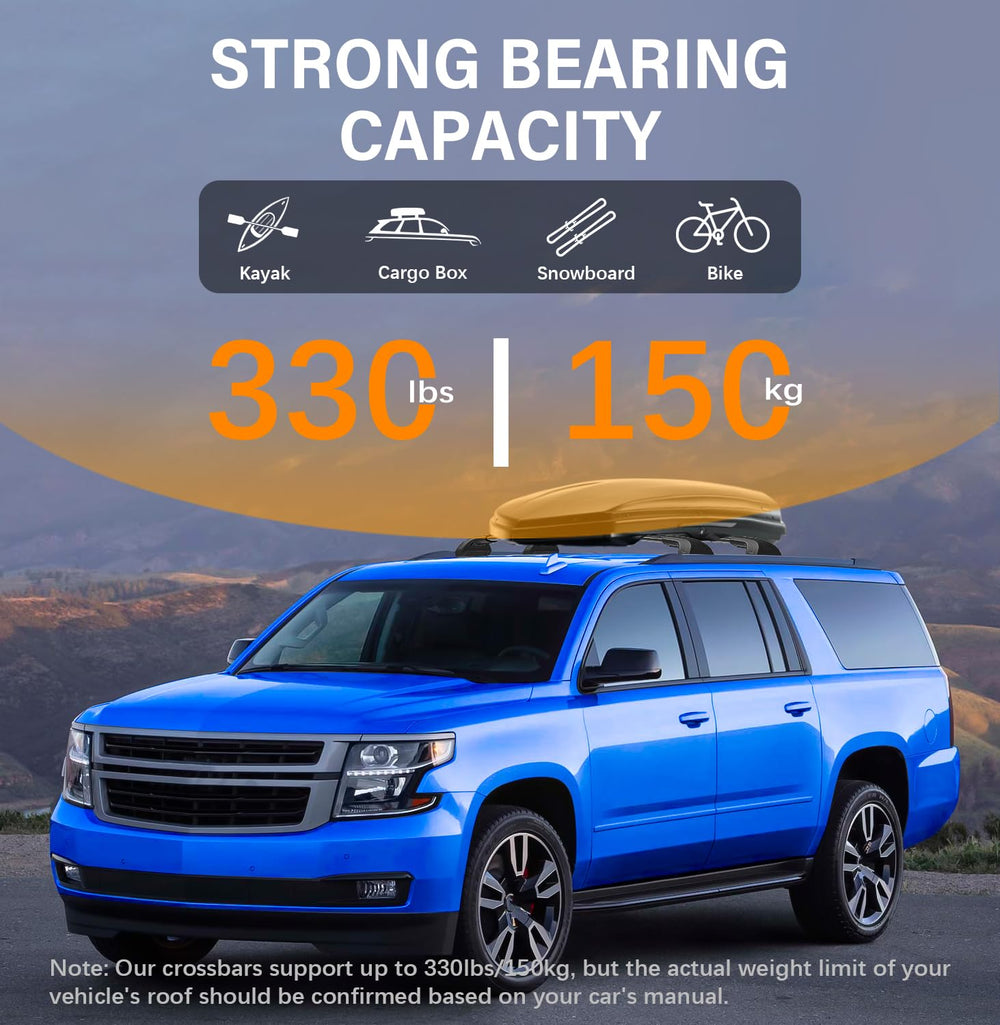 Aerodynamic crossbars reduce wind noise for quieter highway driving.