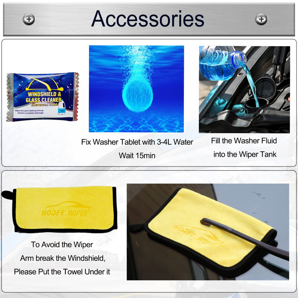 HODEE wiper blade packaging includes towel and washer tablets