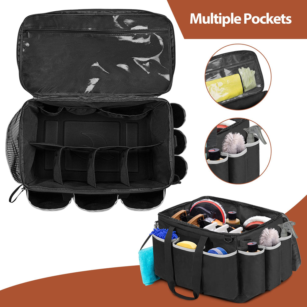 HODRANT detailing bag main compartment keeps polisher and bottles neatly organized.