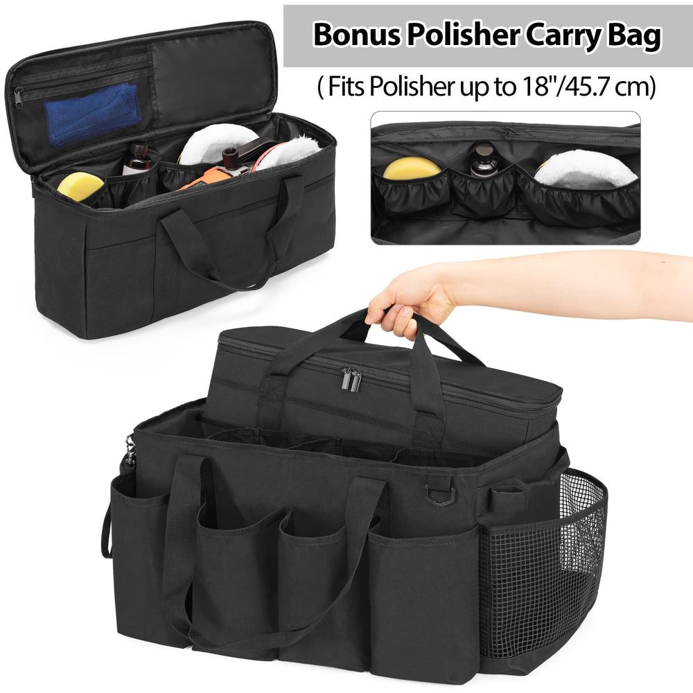 HODRANT detailing bag large main compartment holds buffers, towels, and detail bottles.