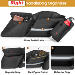 HODRANT saddlebag organizer bottle-pocket close-up shows drawstring security for drinks on long trips.