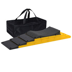 Homeon Wheels RV leveling blocks stacked for stable ground leveling.