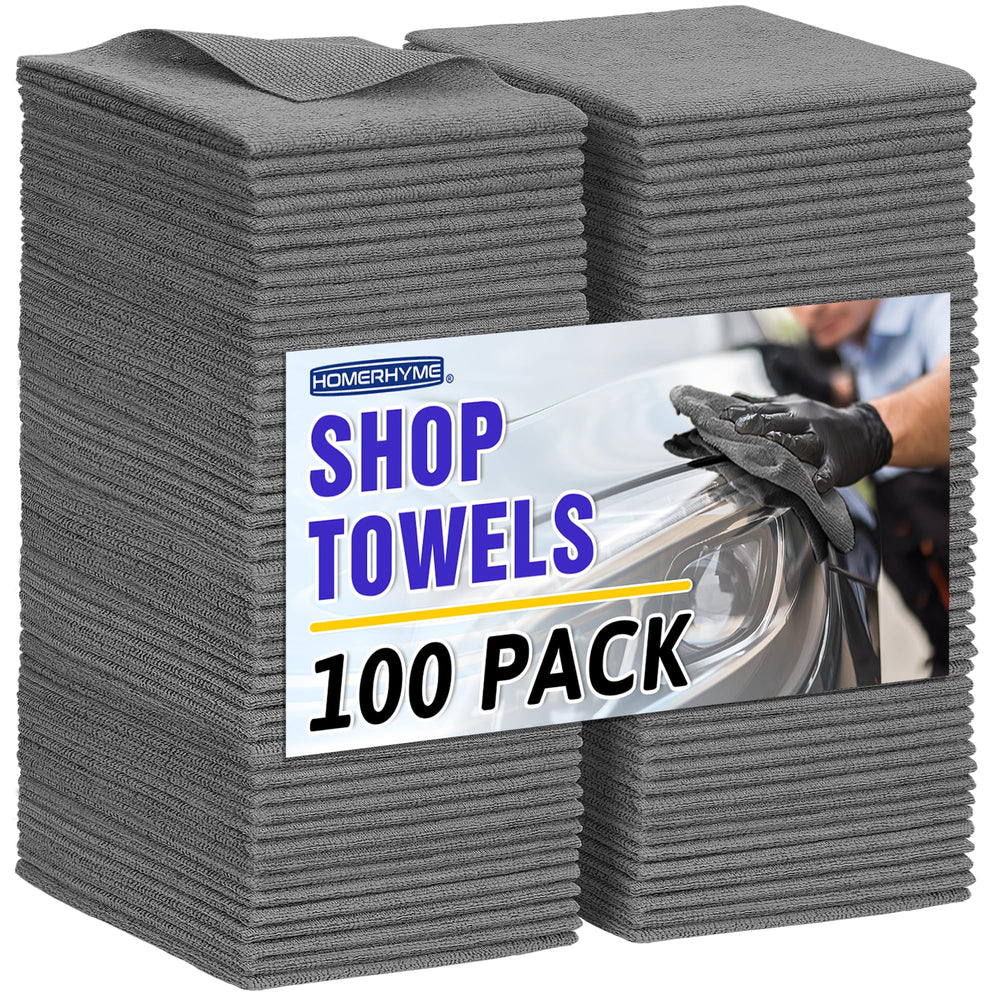 HOMERHYME microfiber cloths 100-pack for streak-free cleaning on cars, homes, and workshops.
