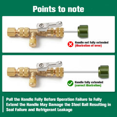 Brass adapter detail highlights compatibility with R410A and other refrigerants.