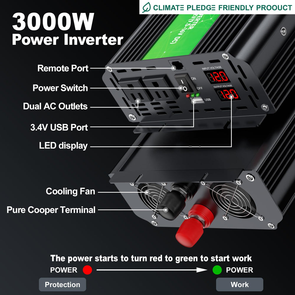 HONOURLIGHT 3000W inverter LCD display demonstrating real-time voltage and status.