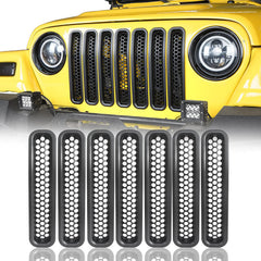 Hooke Road black front grille mesh inserts enhance TJ Wrangler's rugged look and protection.