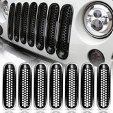 Hooke Road Black JK grill inserts with front grille mesh cover to improve airflow and style.