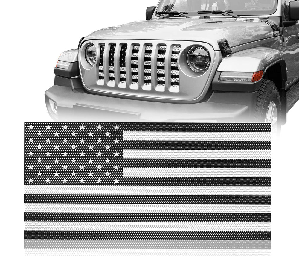 Hooke Road front grill with US flag on Jeep Wrangler JL adds rugged style and grille protection.