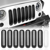 Hooke Road matte black grille inserts for Jeep JK front mesh enhance rugged style.