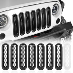 Hooke Road matte black grille inserts for Jeep JK front mesh enhance rugged style.