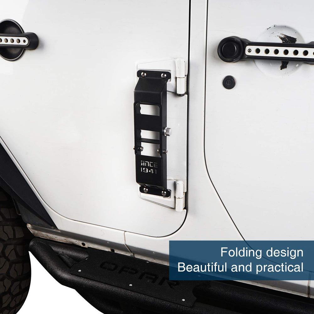 Step deployed with Jeep door open, showcasing safer roof-entry stance.