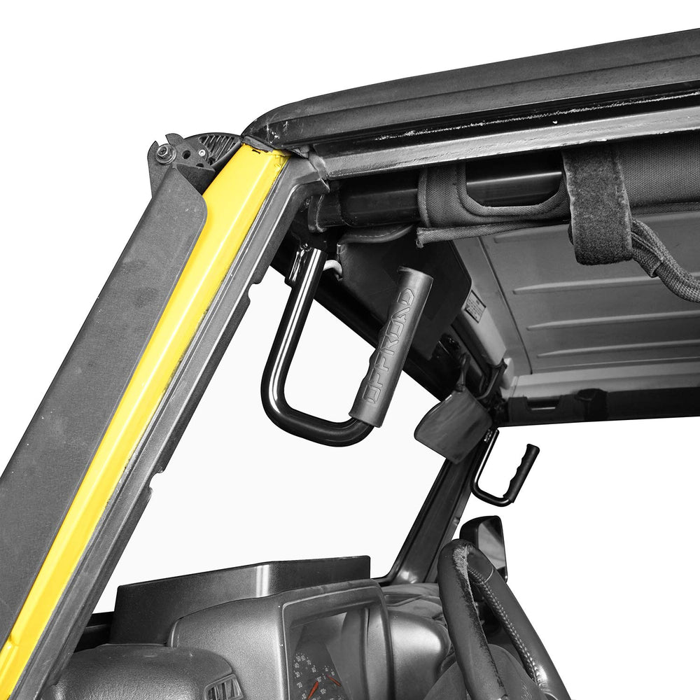Hooke Road Wrangler front grab handles installed on TJ for secure grip.