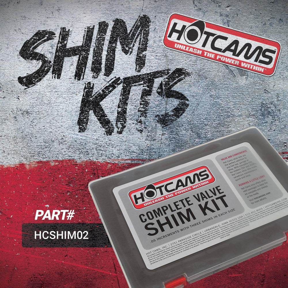 Hot Cams shim kit closeup with laser-etched sizes for quick identification