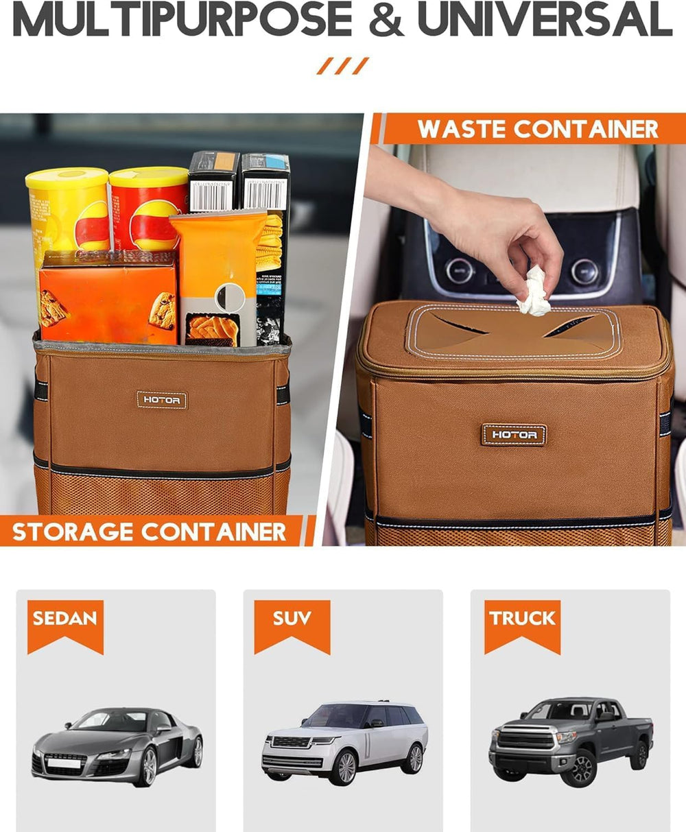 HOTOR trash can secured under center console for flexible placement