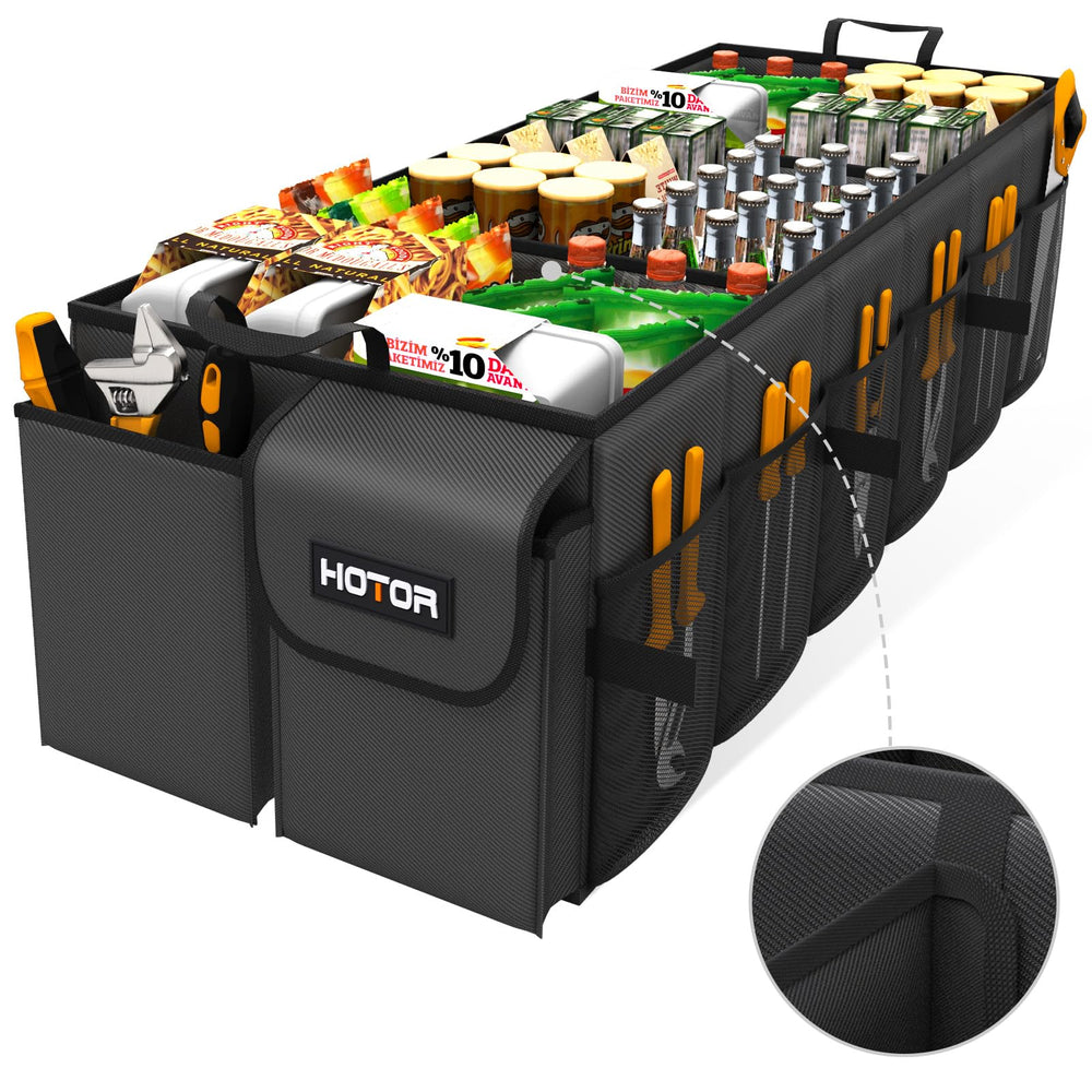 HOTOR foldable trunk organizer shown in expanded and collapsed configurations