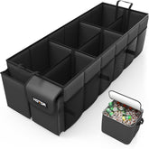 HOTOR trunk organizer with three compartments, organizing groceries and tools in the car trunk.