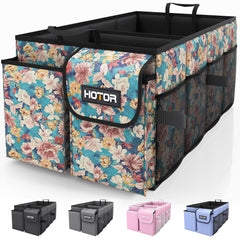 HOTOR Trunk Organizer blue flower pattern keeps car clutter under control for family trips and quick access.