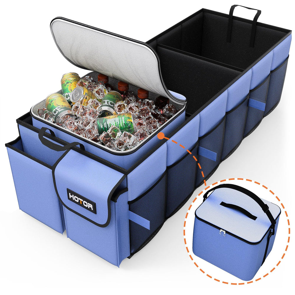 HOTOR trunk organizer with detachable 23L cooler bag keeps groceries cool during trips.