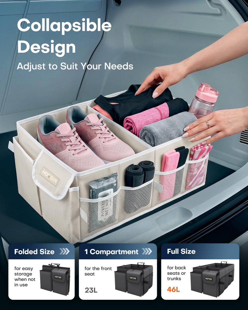 HOTOR trunk organizer foldable design allows flexible trunk configuration