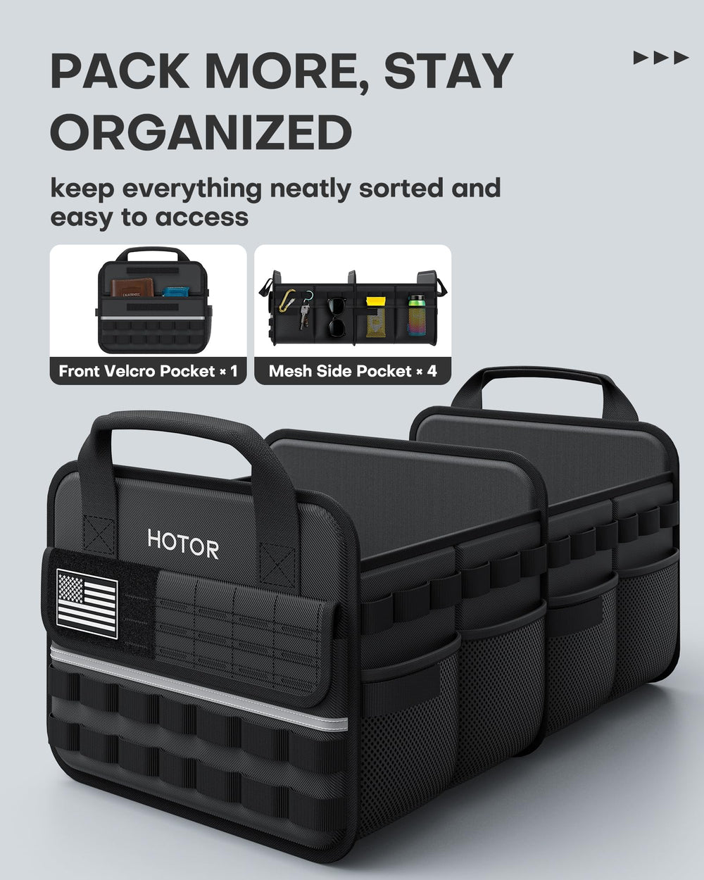 HOTOR Trunk Organizer front MOLLE pocket keeps small gear within reach.