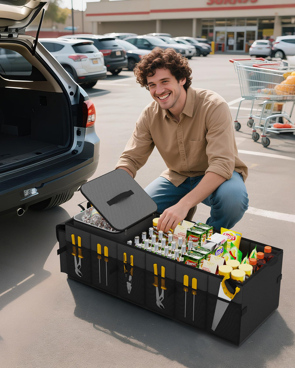 In-car setup shows organized trunk for groceries and gear with clear visibility.