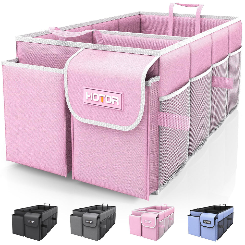 HOTOR pink trunk organizer with two compartments for groceries and tools.