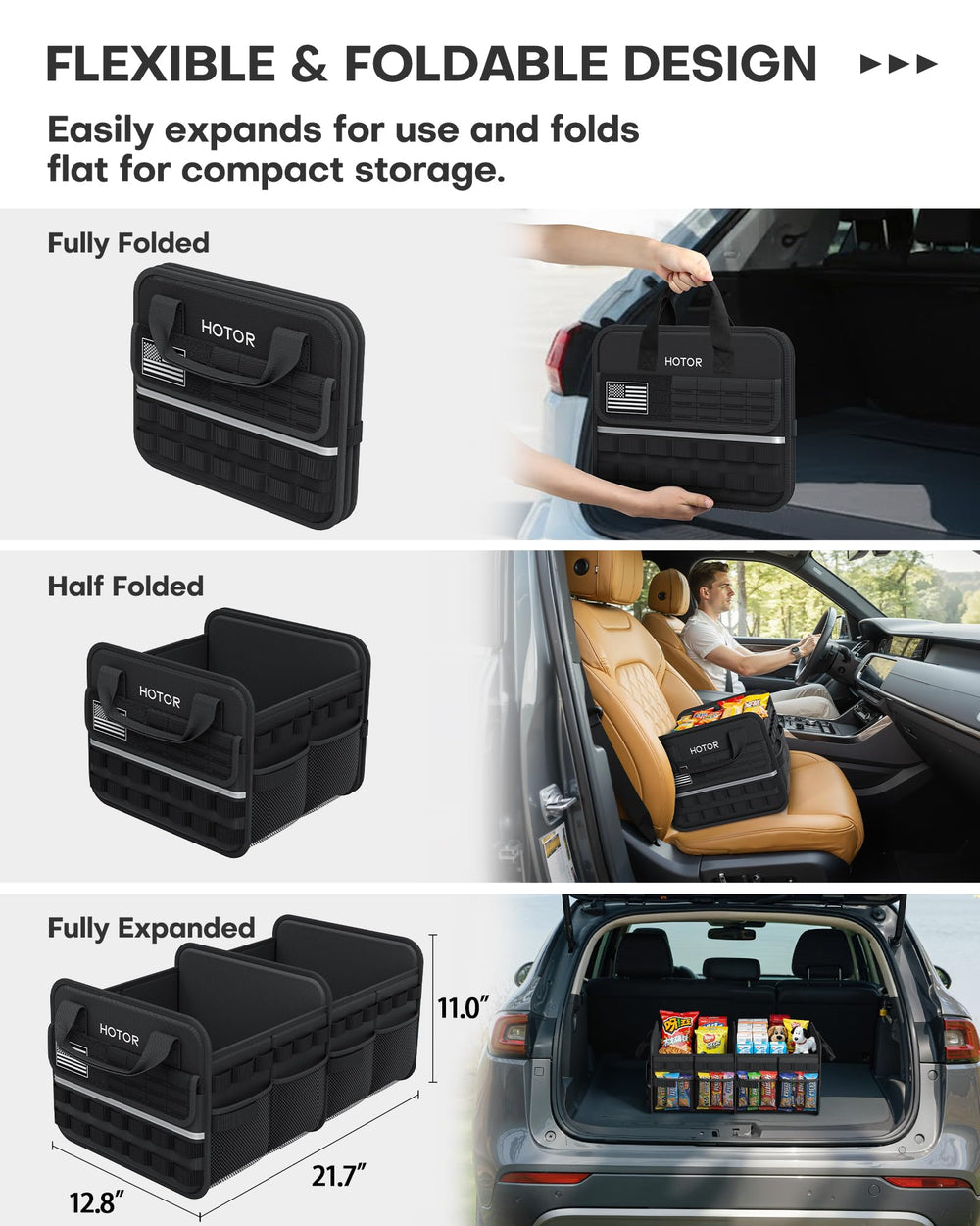 HOTOR Trunk Organizer reflective strip boosts safety in low light.