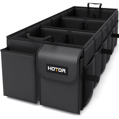 HOTOR trunk organizer with six compartments keeps groceries and tools neatly separated