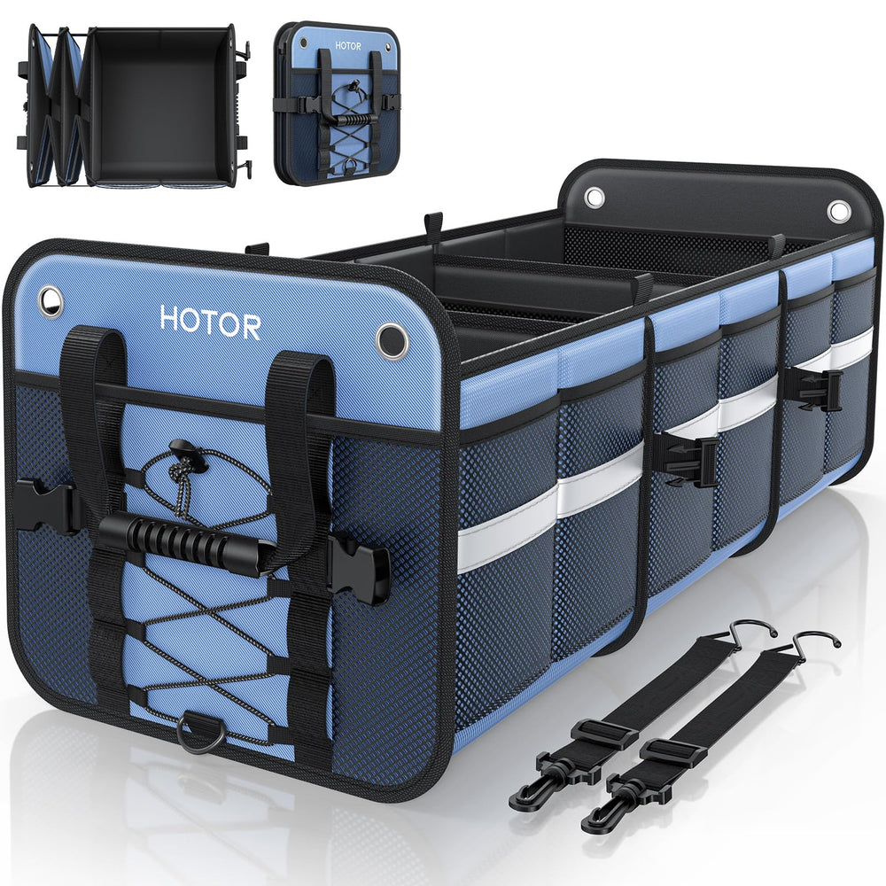 HOTOR Trunk Organizer for SUV with two compartments keeps groceries and tools organized.