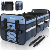 HOTOR Trunk Organizer for SUV with two compartments keeps groceries and tools organized.