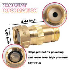 Hourleey 40-50 PSI regulator maintains safe water pressure for RV hookups.