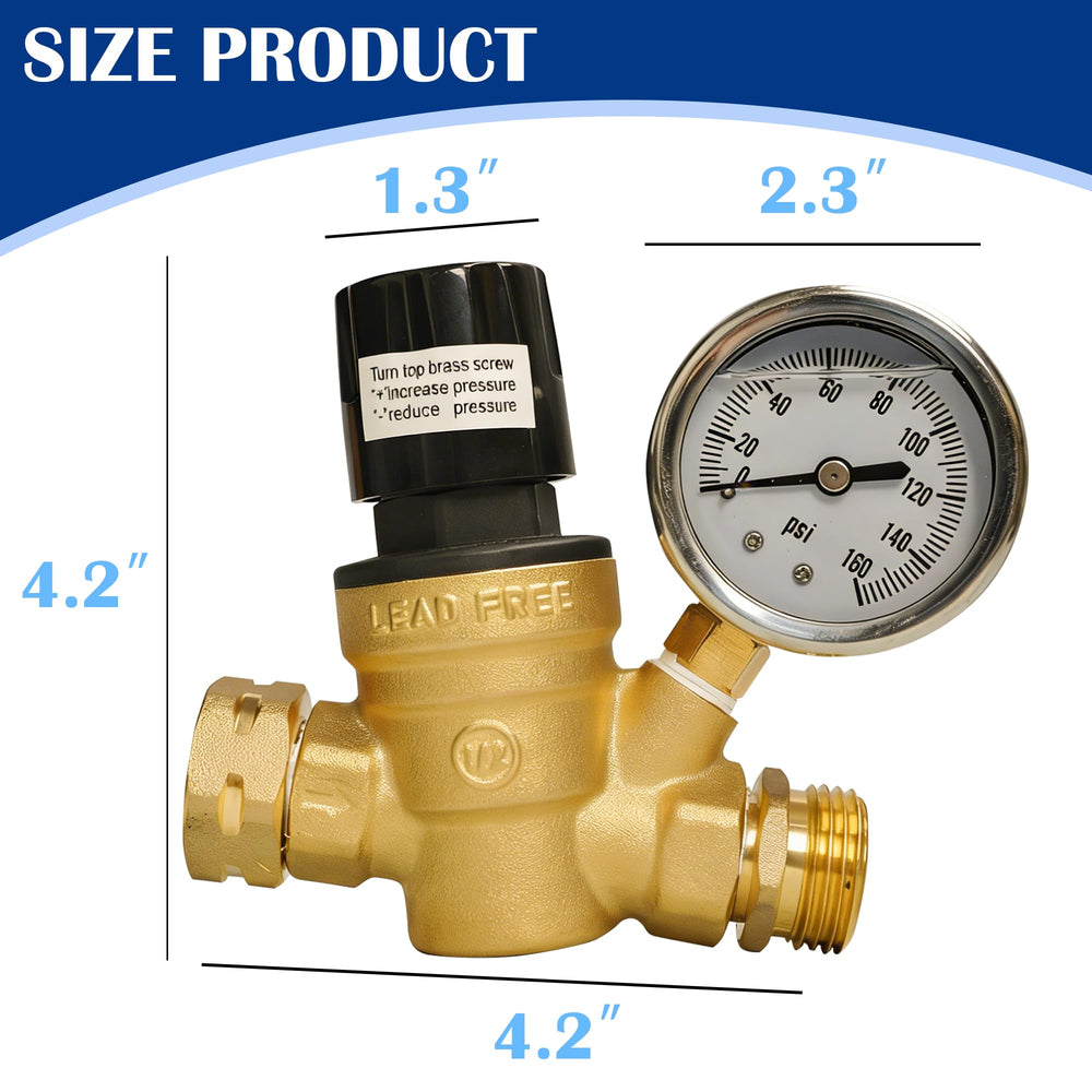 Hourleey RV brass regulator shows lead-free brass for safer water connections.