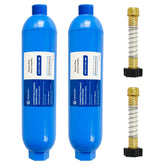Hourleey RV inline water filter close-up with compact housing and connection hoses for easy setup.