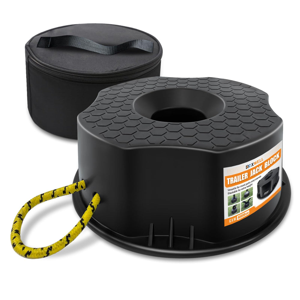HOXWELL RV jack block with stable base improves trailer leveling on uneven ground.