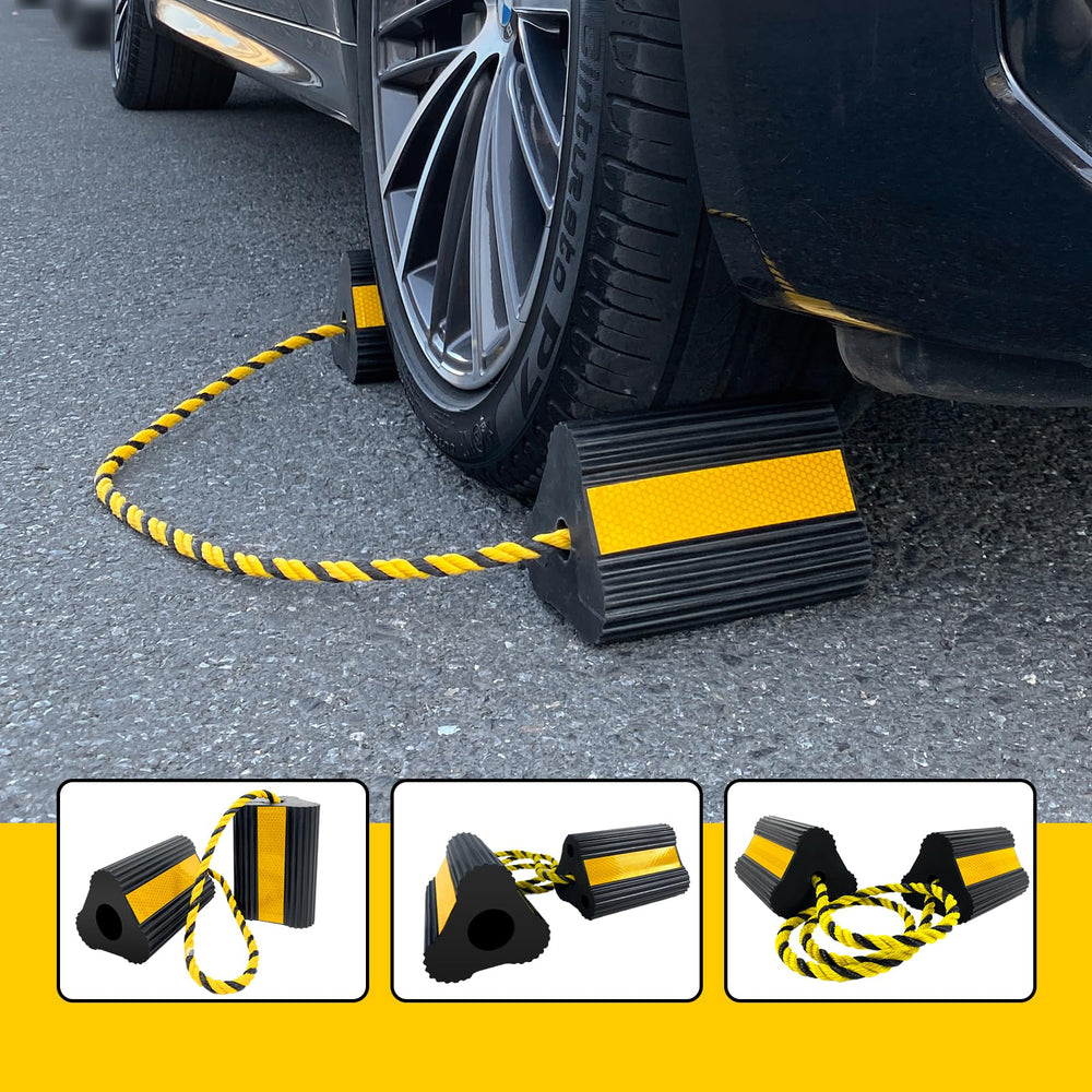 HOXWELL chocks placed before the tire for quick, stable setup.