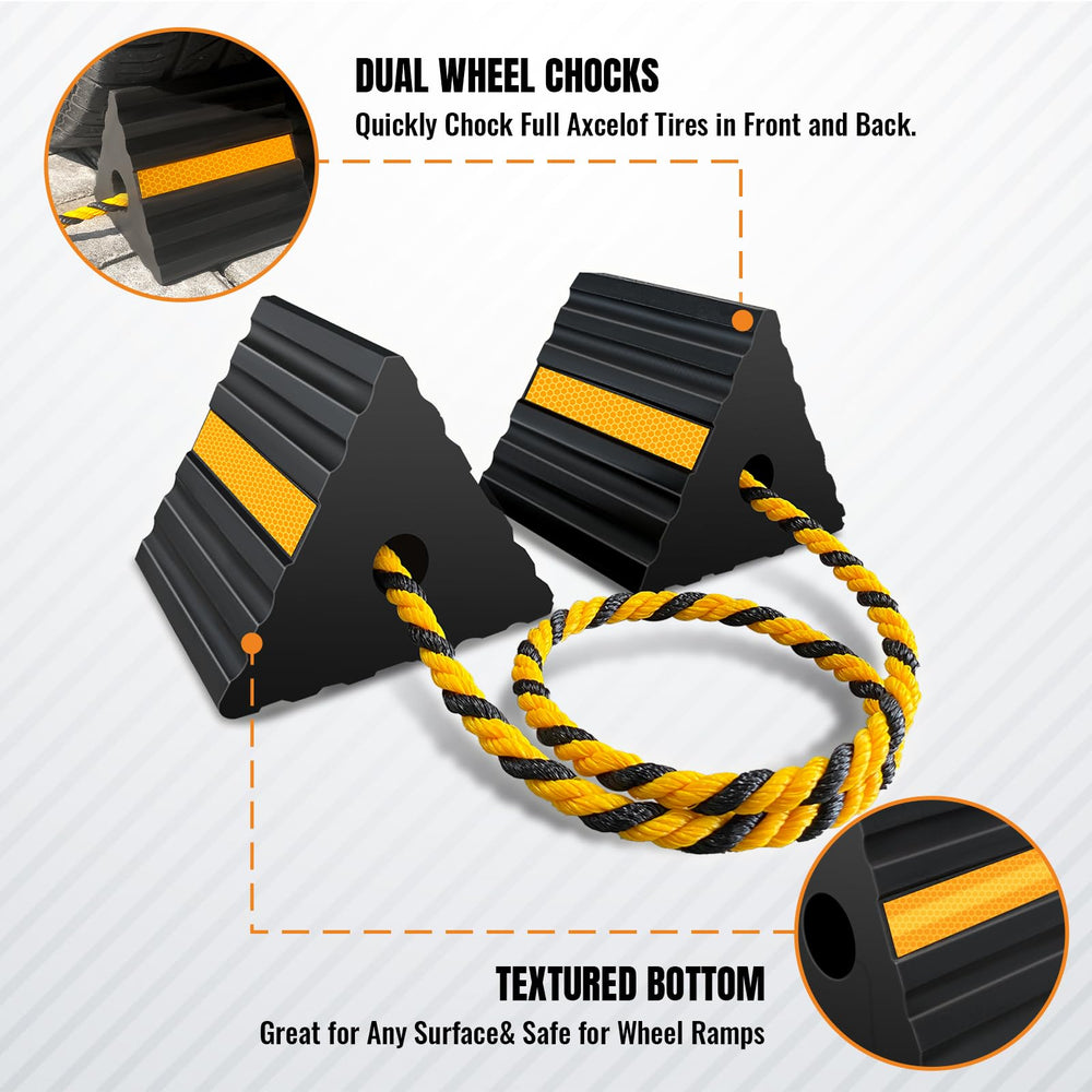 HOXWELL wheel chocks with reflective strips improve visibility during parking.