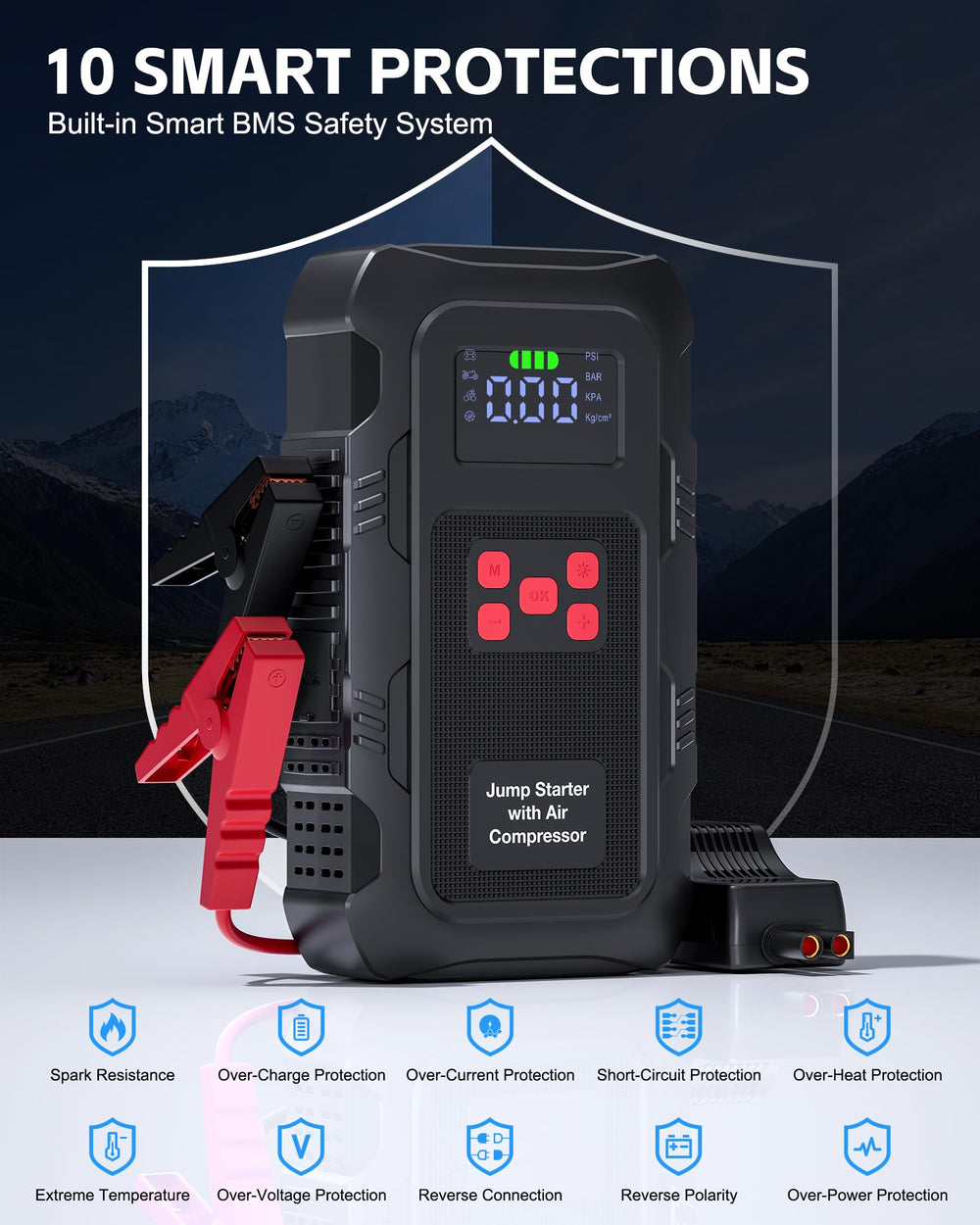 HPBS digital pressure gauge provides accurate tire readings.