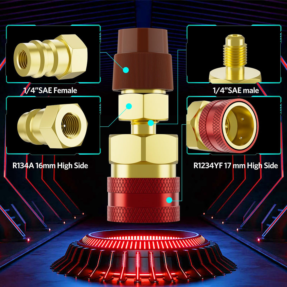 HTOMT adapter’s high-side 16mm coupler enables quick, leak-resistant R134A to R1234YF charging.
