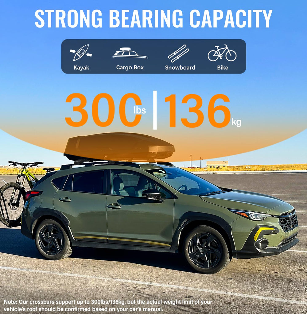 HmmtyRack aluminum crossbars provide sturdy, reliable support for luggage and gear.