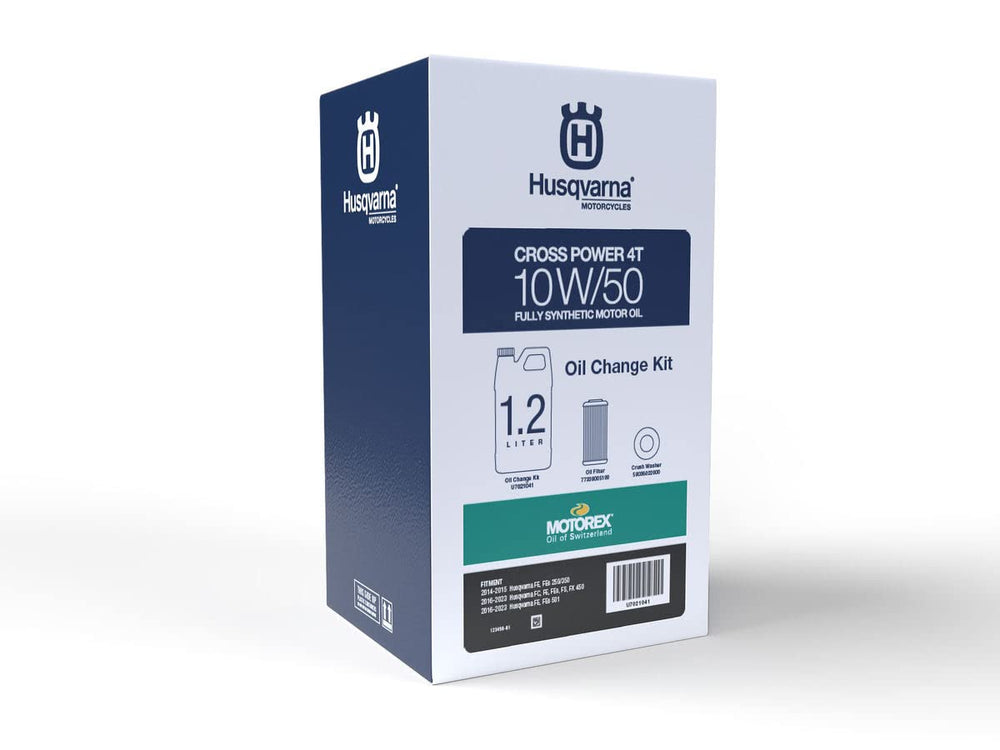 Husqvarna oil change kit box with 1.2L Motorex oil for maintenance.
